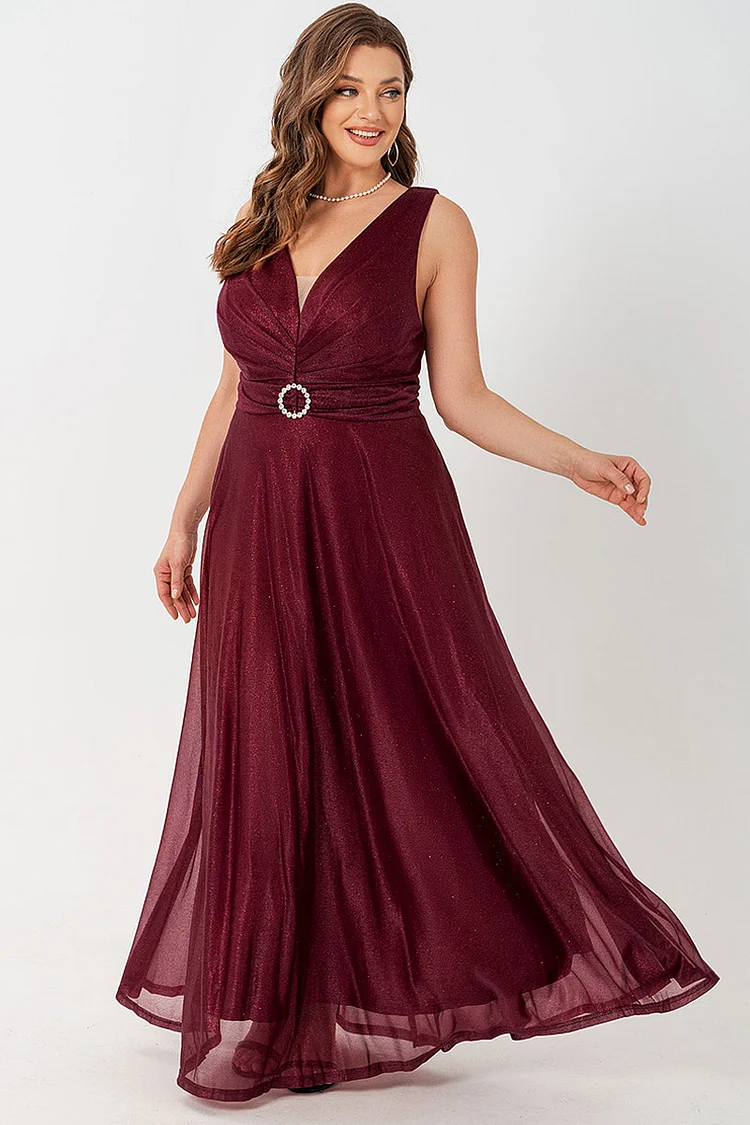 Flycurvy Plus Size Wedding Guest Burgundy Chiffon Pearl Pleated V Neck Tunic Maxi Dress  Flycurvy [product_label]