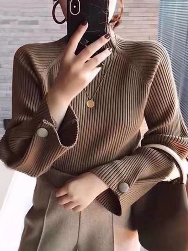 Ladies Loose Solid Color Crew-Neck Sweater-Caramel