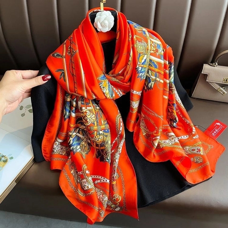 Women’s Fashion Letter Plaid Satin Printing Silk Scarves