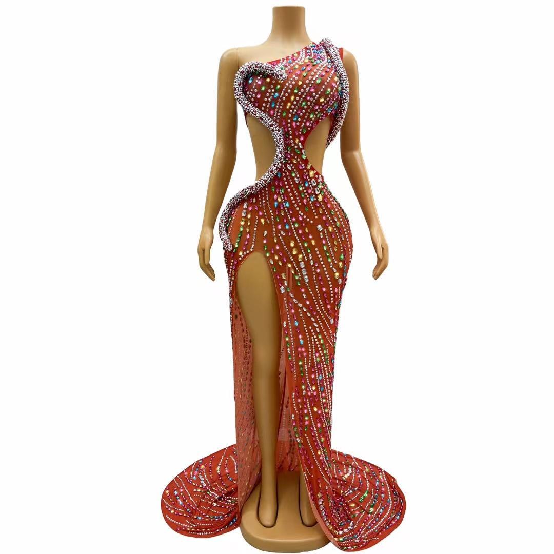 GOOSHOE Diamonds Prom Gowns Split Long Train Dress Big Tail Dresses Siluo