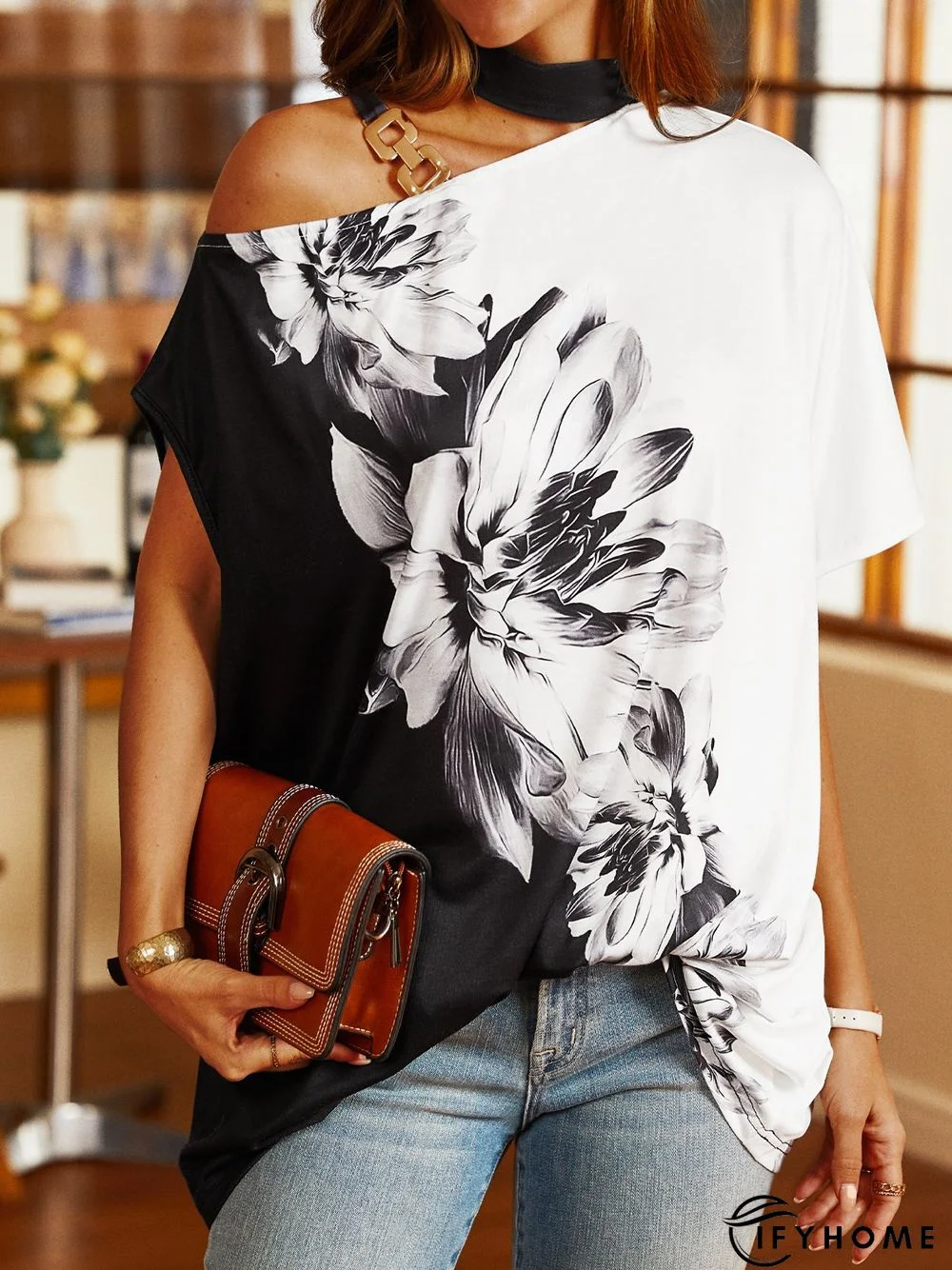Floral Casual One Shoulder Short Sleeve T-Shirt | IFYHOME