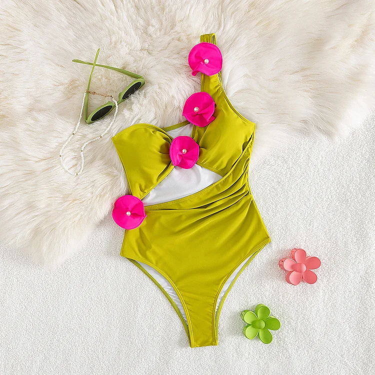 One Shoulder 3D Flower One Piece Swimsuit