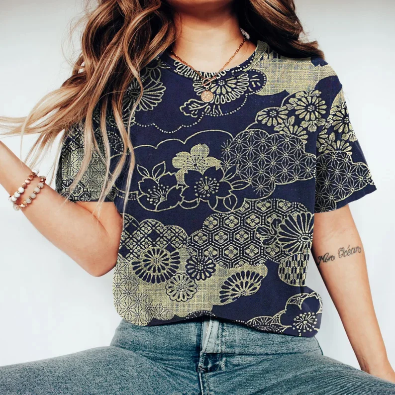 Japanese Art Print Round Neck Casual T-Shirt