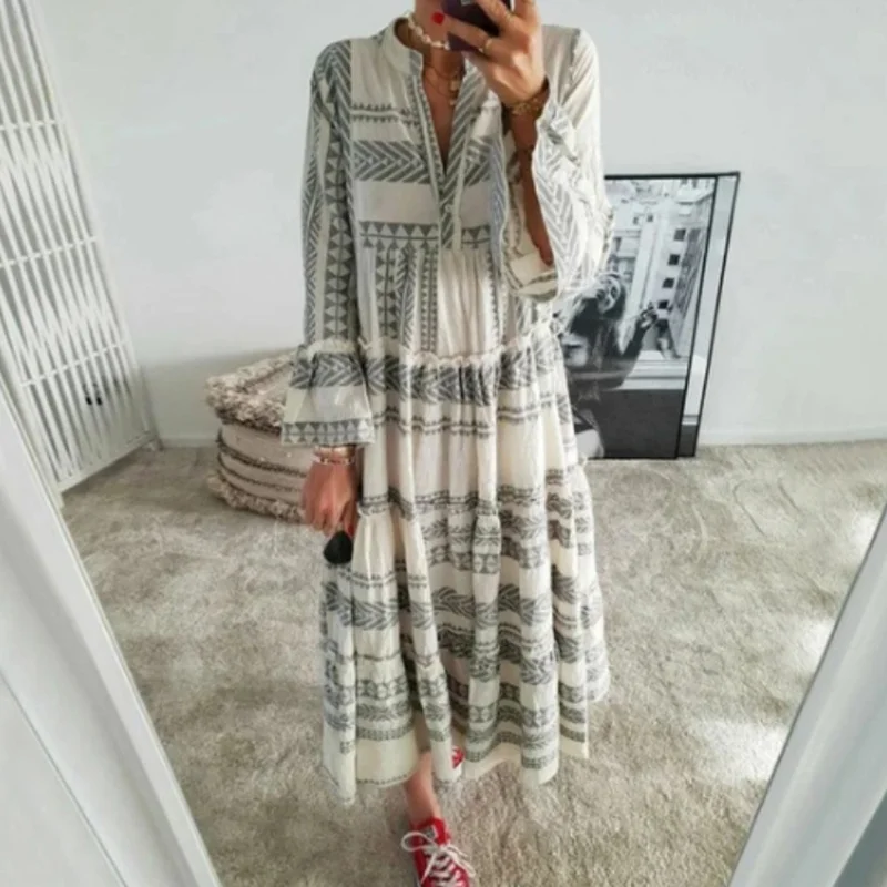 Vacation V-neck Print Flared Sleeve Dress