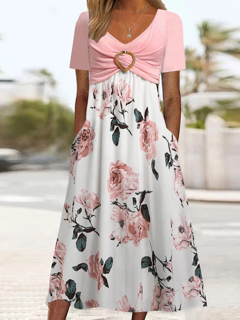 Women's Half Sleeve V-neck Floral Printed Design Midi Dress