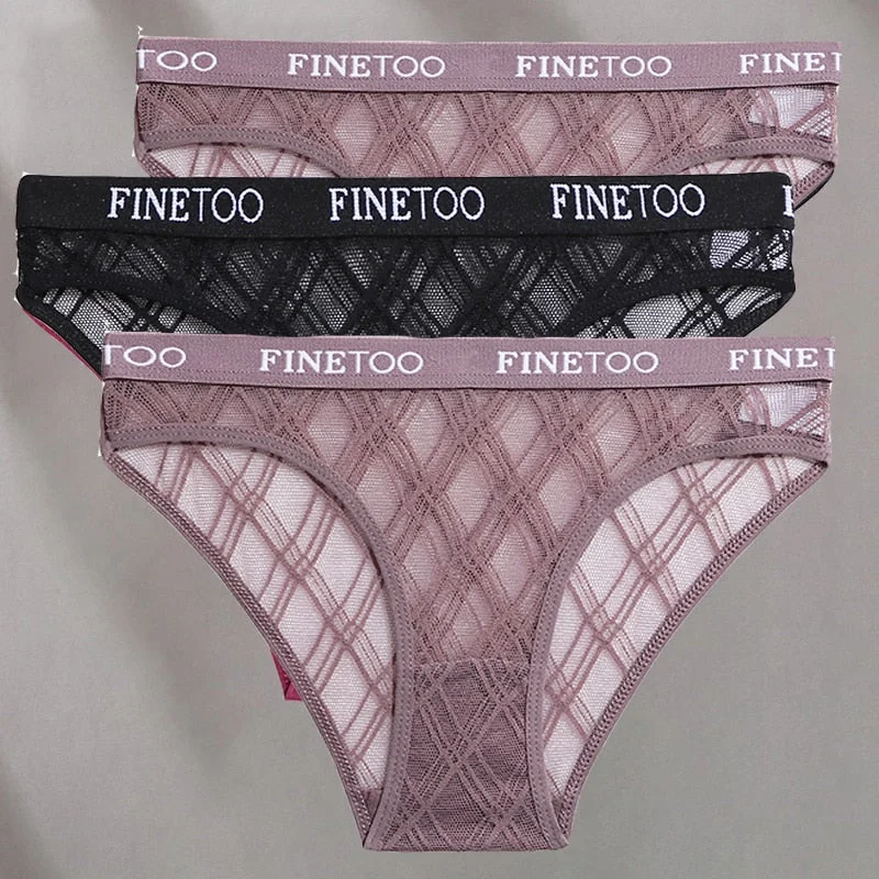 FINETOO 3PCS/Set Mesh Women Sexy Panties Lingerie M-XXL Breathable Underwear Pantys Low Waist Girl Briefs Letter Woman Underpant