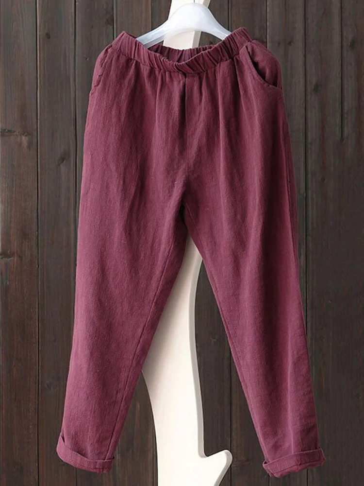 Solid Simple Linen Shift Shirred Plus Size Pants socialshop
