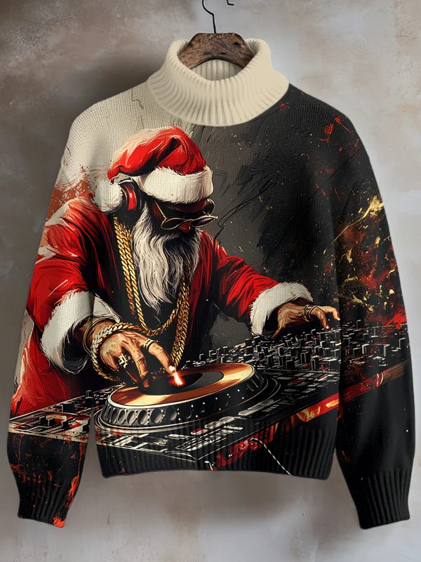 Women's Hip Hop Santa DJ Christmas Print High Neck Knit Sweatshirt