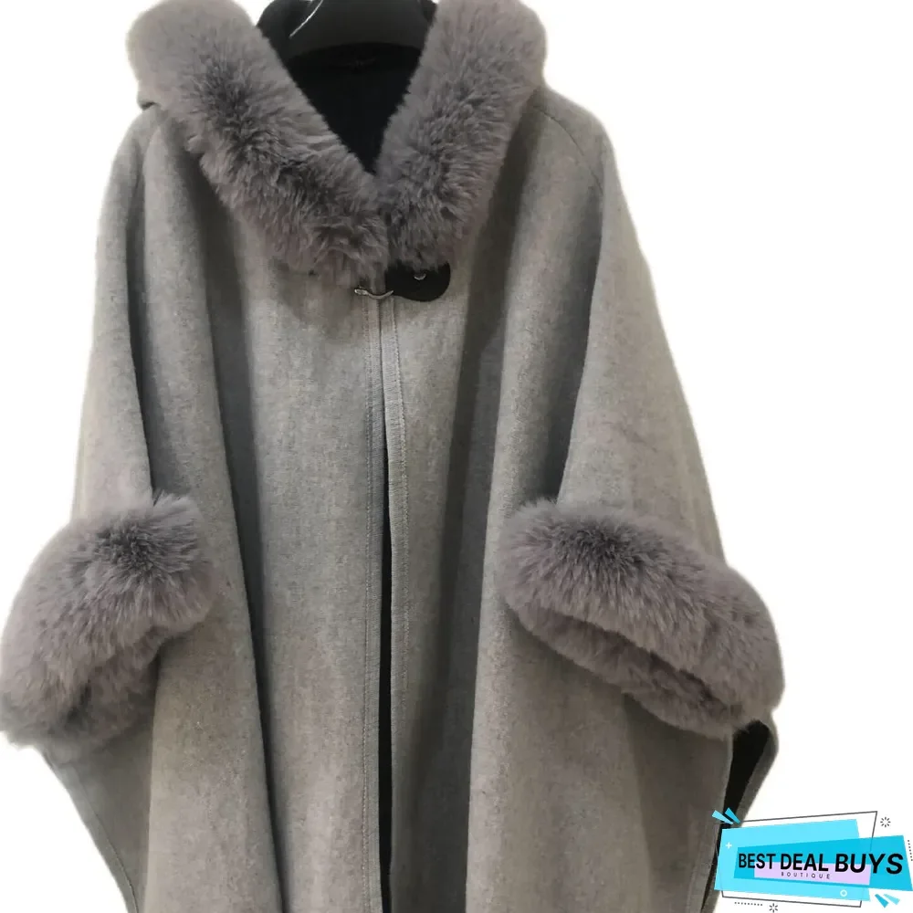 Autumn and Winter Fur Collar Hooded Shawl Cloak Large Size Woolen Coat Loose Cardigan Women