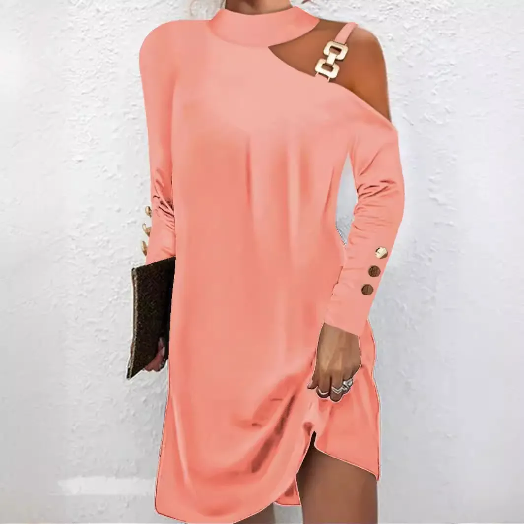 Uveng Uveng Explosion Autumn Simple Metal Buckle Hanging Neck Button Dress Women's Dress