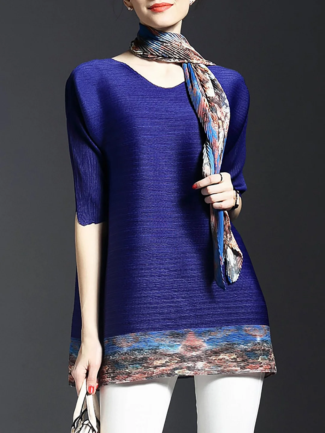 Printed Pleated Crew Neck 3/4 Sleeve Tunics