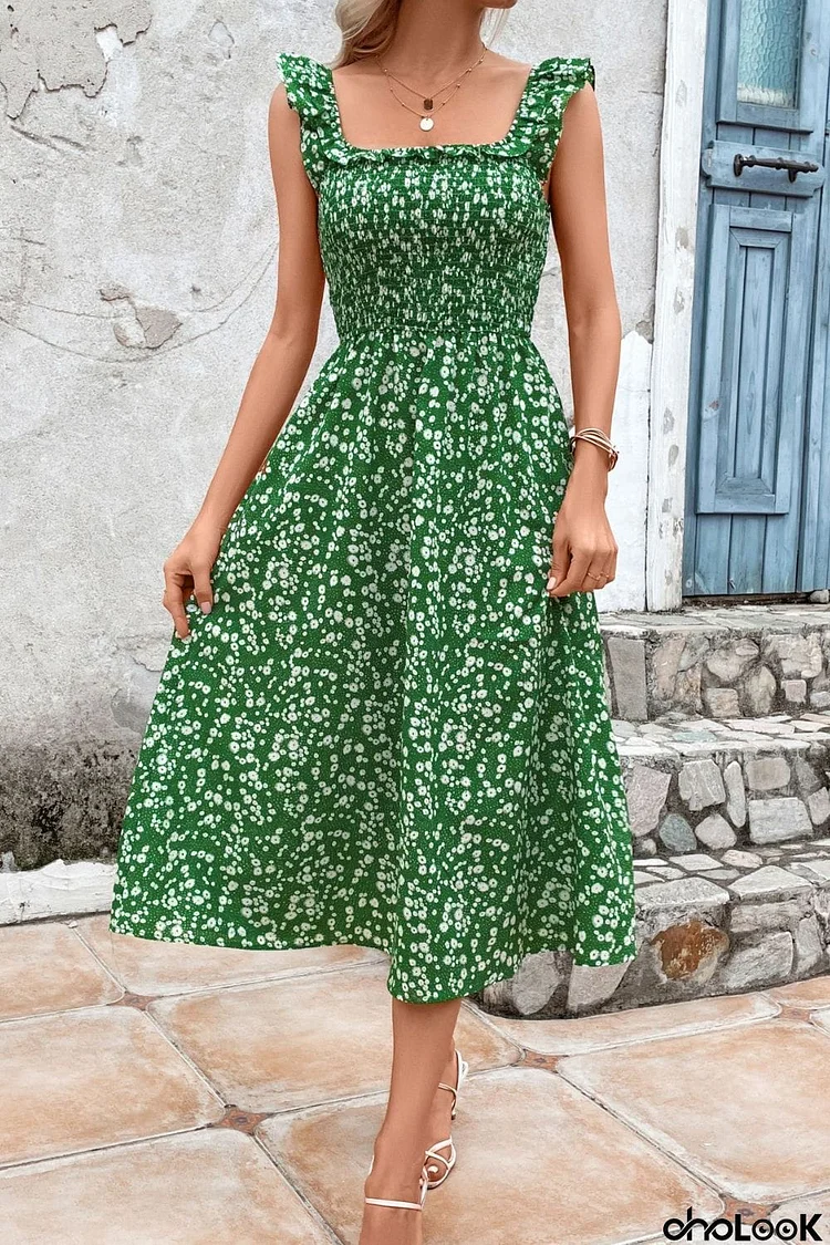 Printed Square Neck Ruffled Midi Dress