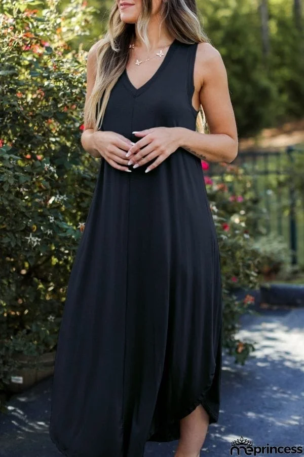 V NECK SLEEVELESS MAXI DRESS