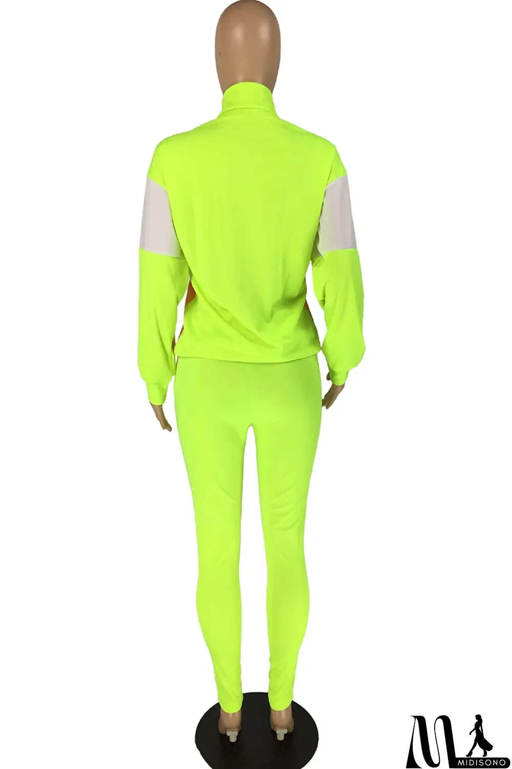 MidiSono - Fluorescent green Casual Striped Print Zippered Split Joint Mandarin Collar Long Sleeve Two Pieces