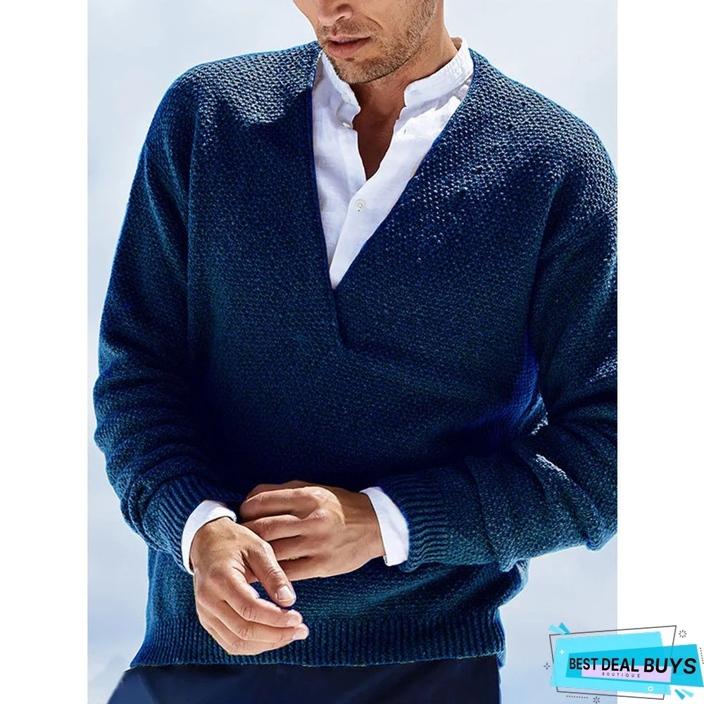Solid Color Long Sleeve V-Neck Knitted Men's Sweater