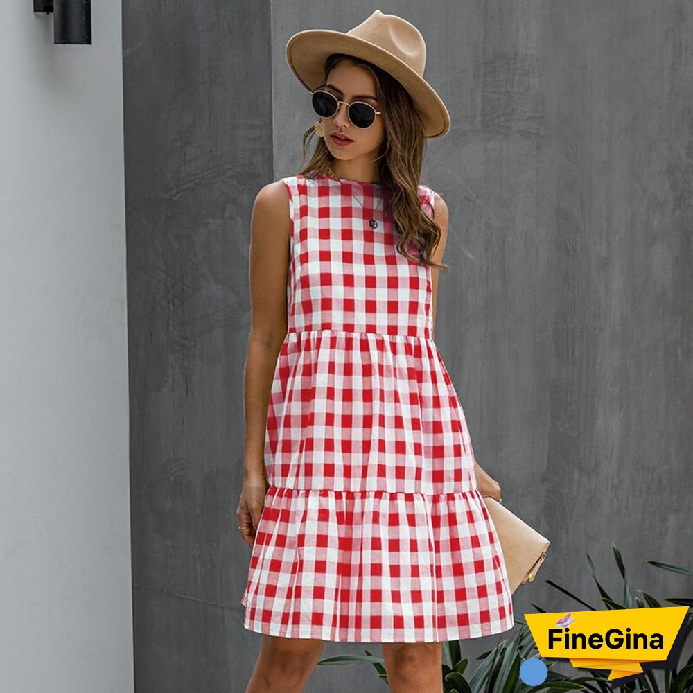 Summer Loose Plaid Dress Women Casual Cotton O-Neck Patchwork Sleeveless Dress New