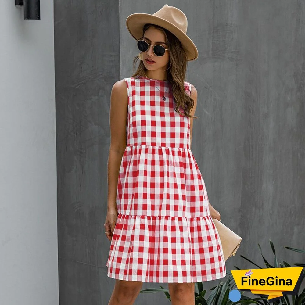 Summer Loose Plaid Dress Women Casual Cotton O-Neck Patchwork Sleeveless Dress New