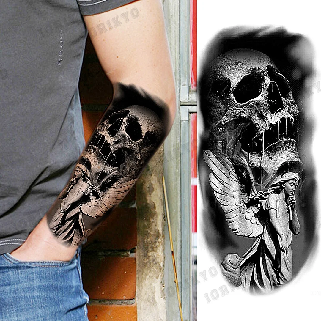 Sdrawing Devil Skeleton Temporary Tattoos For Men Adult Women Wolf Compass Gangster Fake Tattoo Washable Body Art Tatoo Sticker