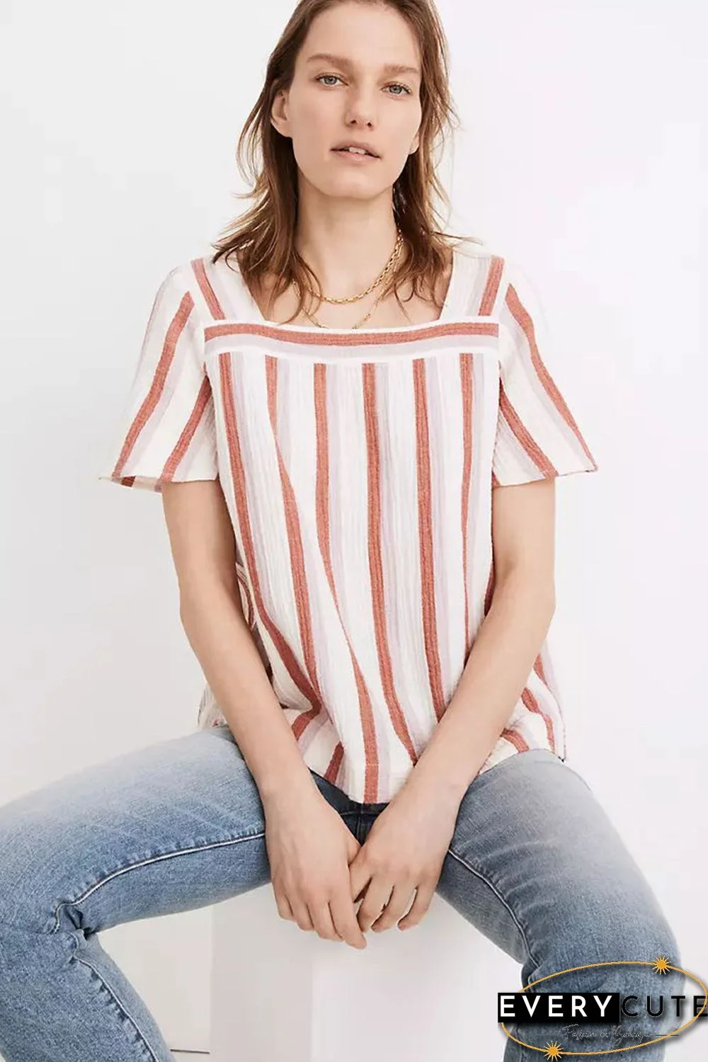 Orange Striped Buttoned Back Square Neck Blouse