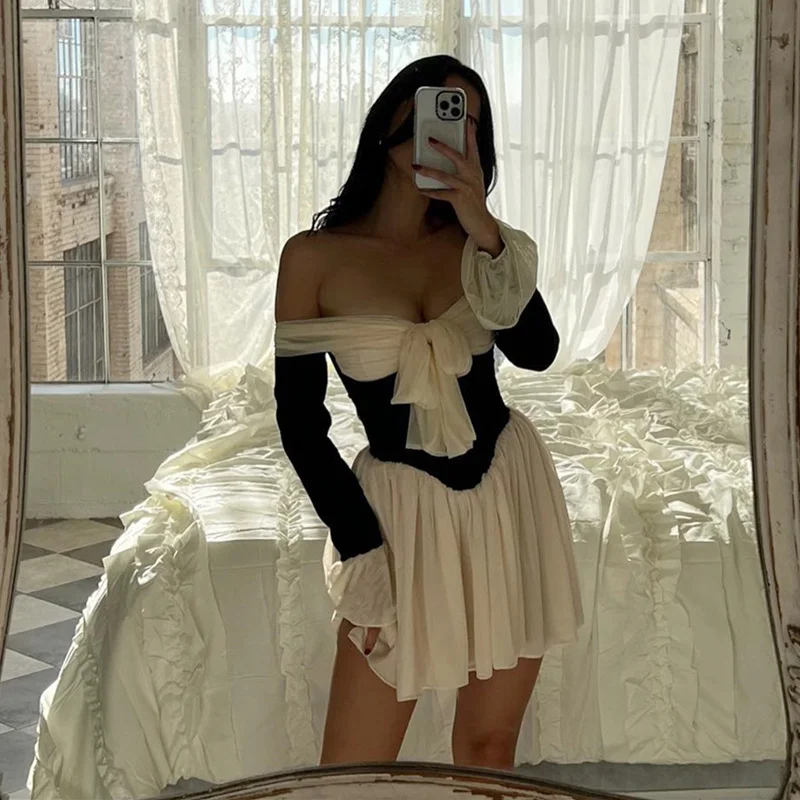 Uveng Uveng Women's Autumn 2023 New Sexy One Word Shoulder French Palace Style Temperament Waist Horn Sleeve Dress