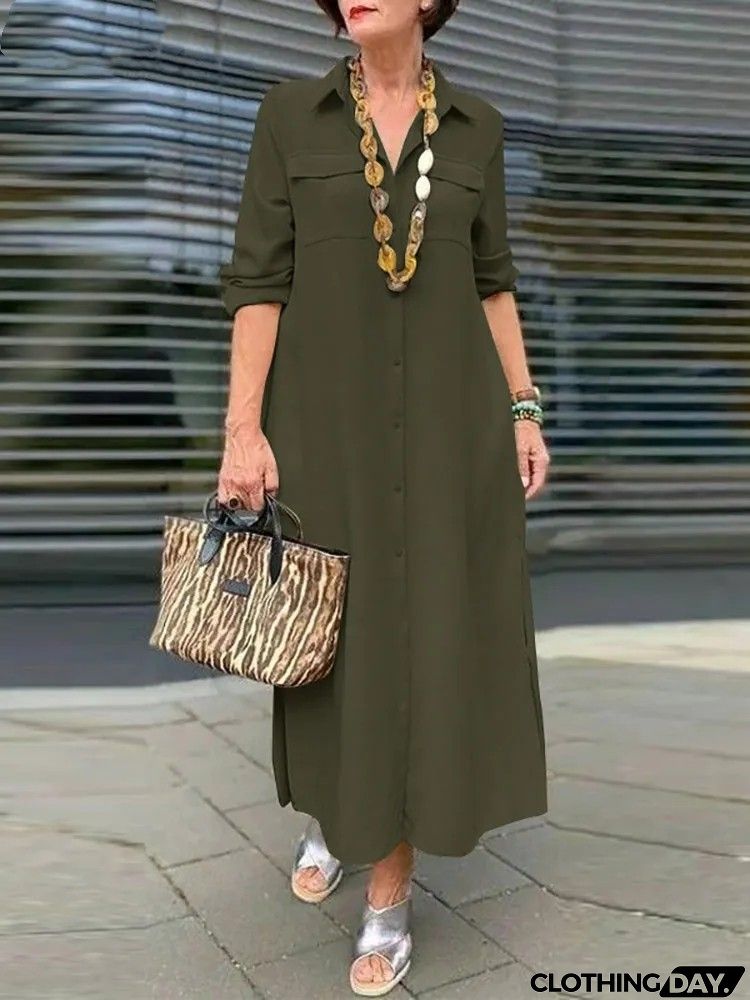 Women Fashion Casual Solid Color Long Sleeve Button Laps Plus Size Dress