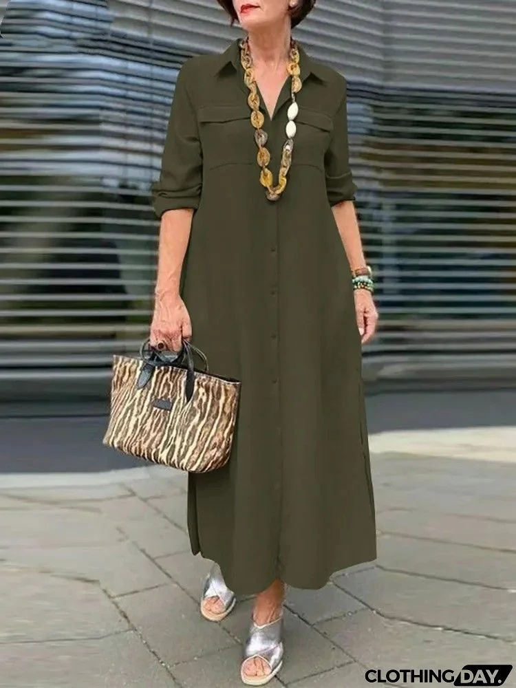 Women Fashion Casual Solid Color Long Sleeve Button Laps Plus Size Dress