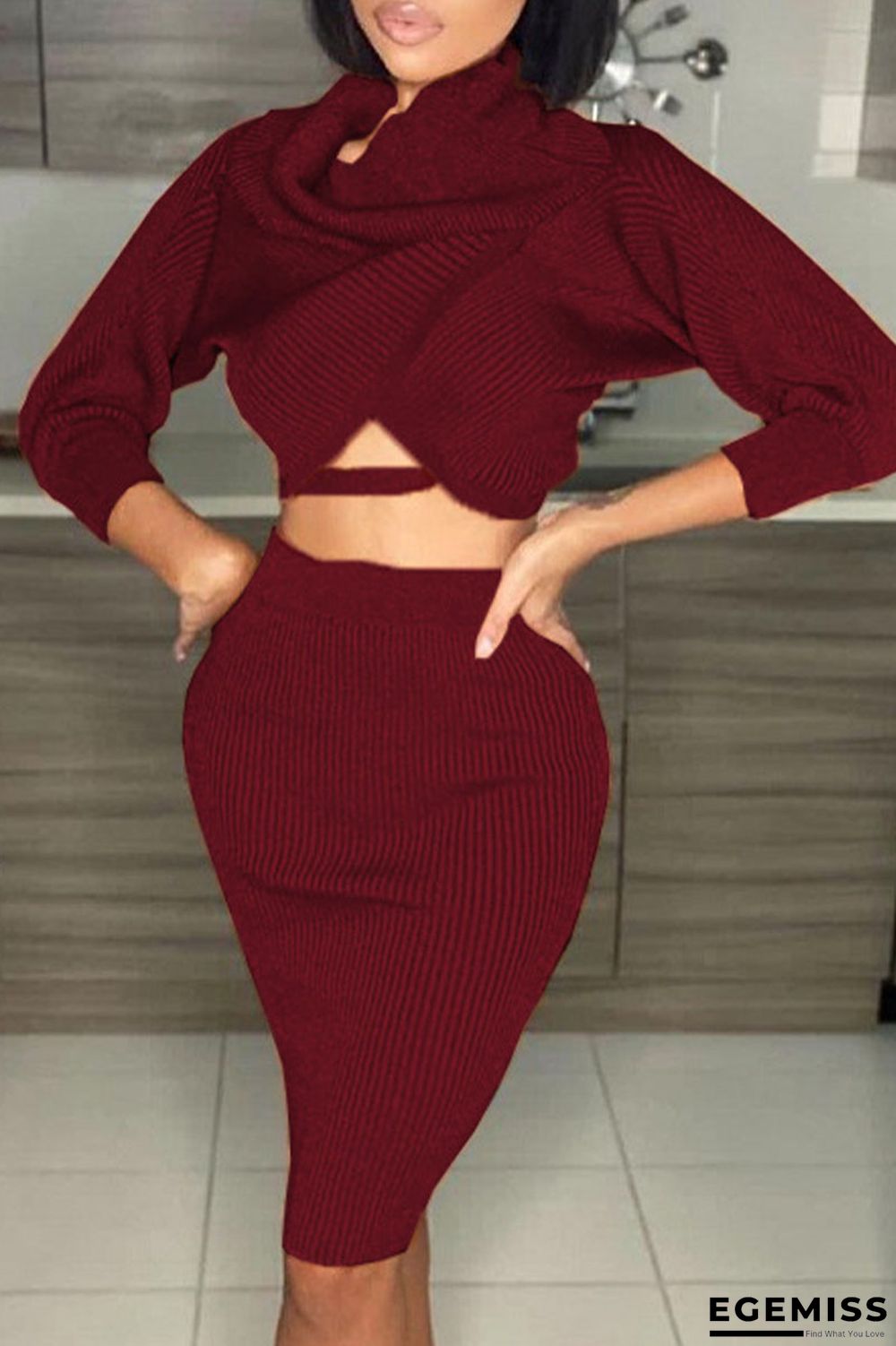 Wine Red Sexy Solid Patchwork Bateau Neck Long Sleeve Two Pieces | EGEMISS