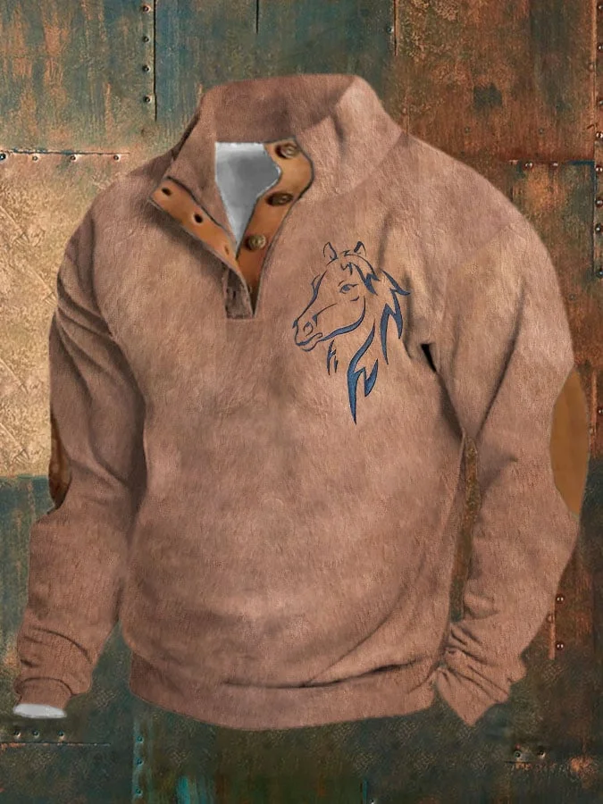Men's Vintage Western Horse Print Button-Neck Sweatshirt