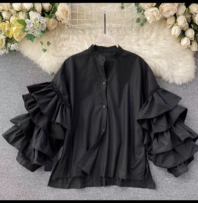 Women's multi-layer ruffled trumpet sleeve shirt loose and versatile small stand-up collar top_ viptrois