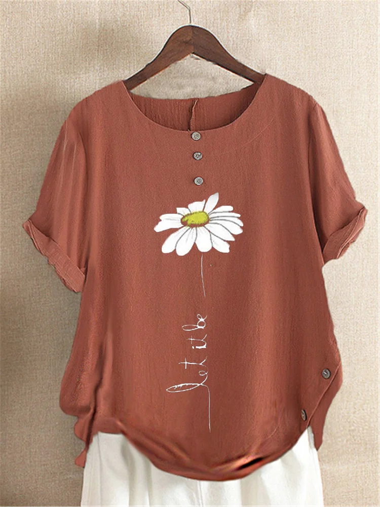 Casual Floral-Print Cotton & Linen Short Sleeve T-Shirt