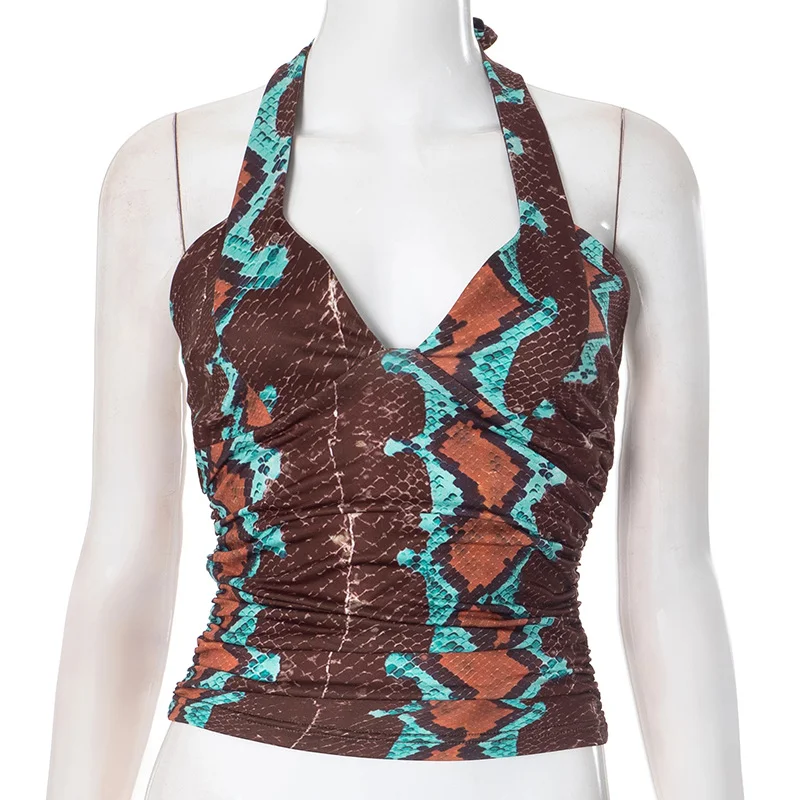 Brownm Brownm Women's Autumn And Winter Hanging Neck Tie With Hollow Back Bra Pattern Print Top T-Shirt