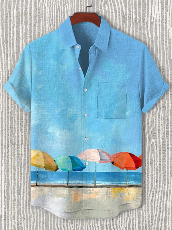 Men's Colorful Beach Parasols Vibrant Art Print Casual Shirt