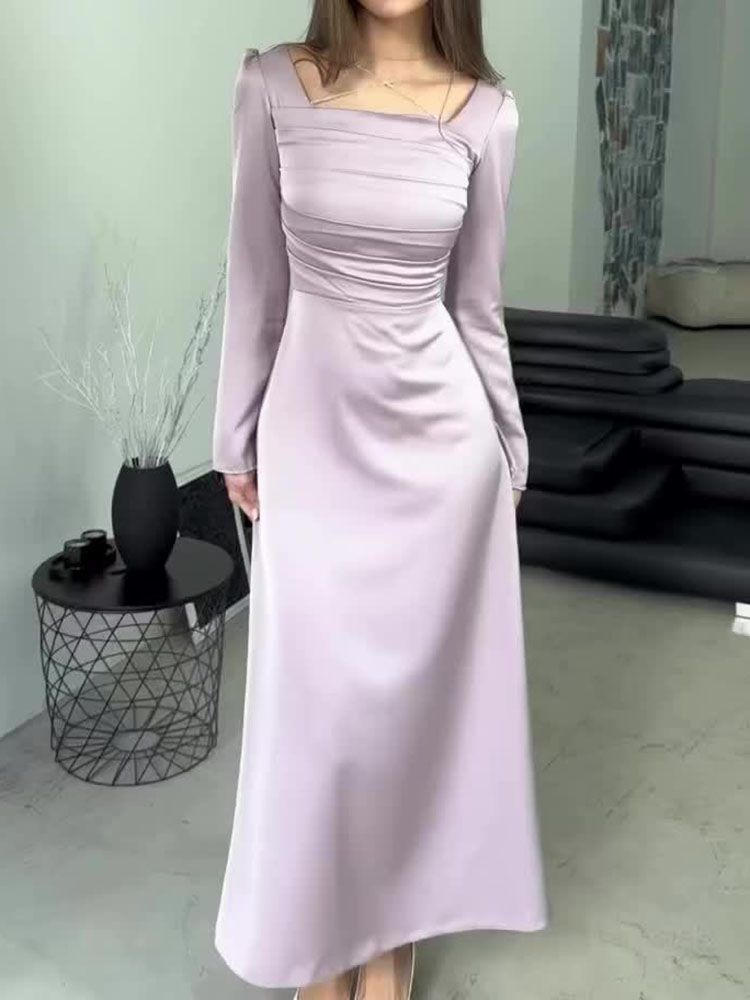 Simple Diamond-encrusted Strappy Long-sleeved Satin Slim Dress | Oxredo Shop Ramadan Sale