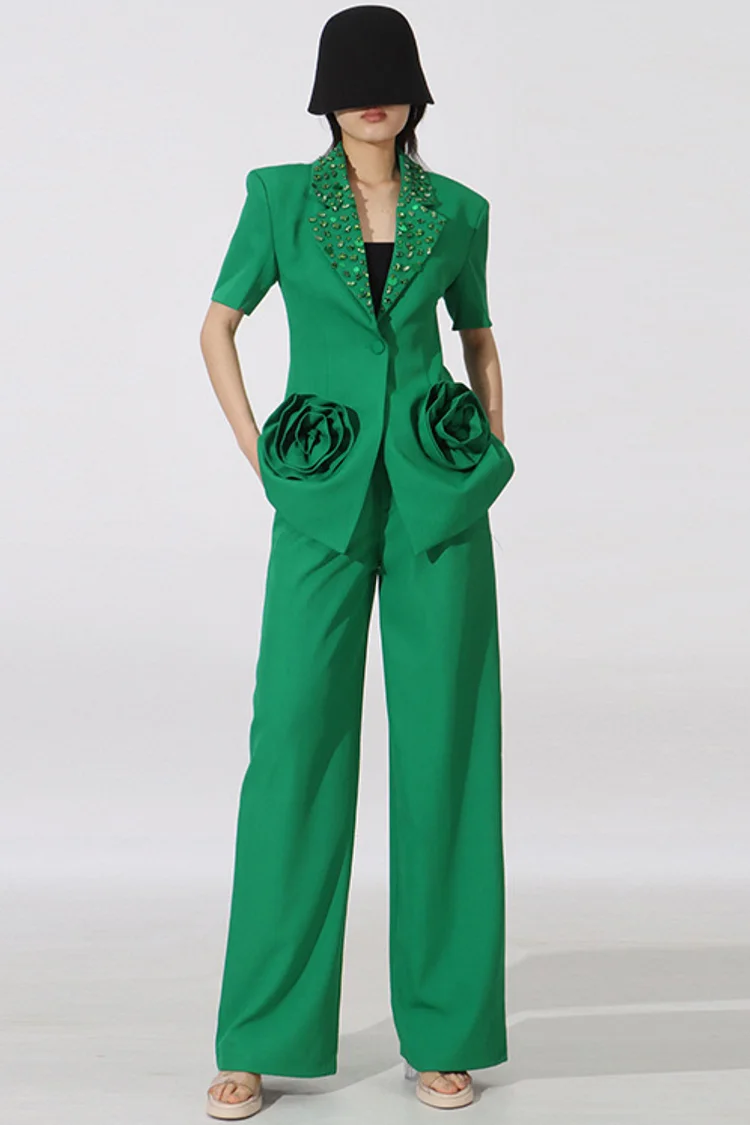 Rhinestone Lapel Collar 3D Floral Two Piece Pant Set-Green