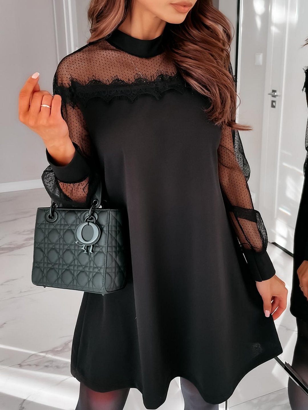 2021 spring fashion hot sale women's solid color round neck lace sexy long-sleeved street straight A-line dress women #9327