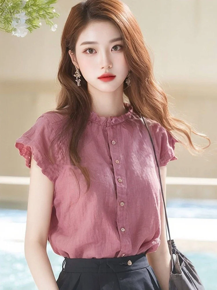 Athvotar Athvotar Ear Collar Simple Small Flying Sleeve Shirt Female Design Sense Of Small Summer Single Special Beautiful Shirt Top