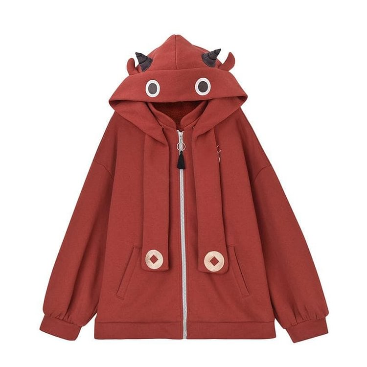 Lucky Calf Ears Embroidery Zipper Hooded Jacket with Back Pocket SP15887