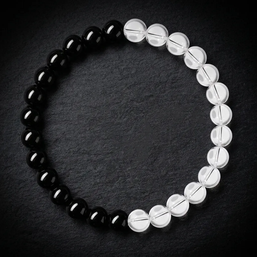 JiStones Zenith Collection: Natural Obsidian & Clear Quartz Handcrafted Bracelet 6mm | Symmetrical Duality