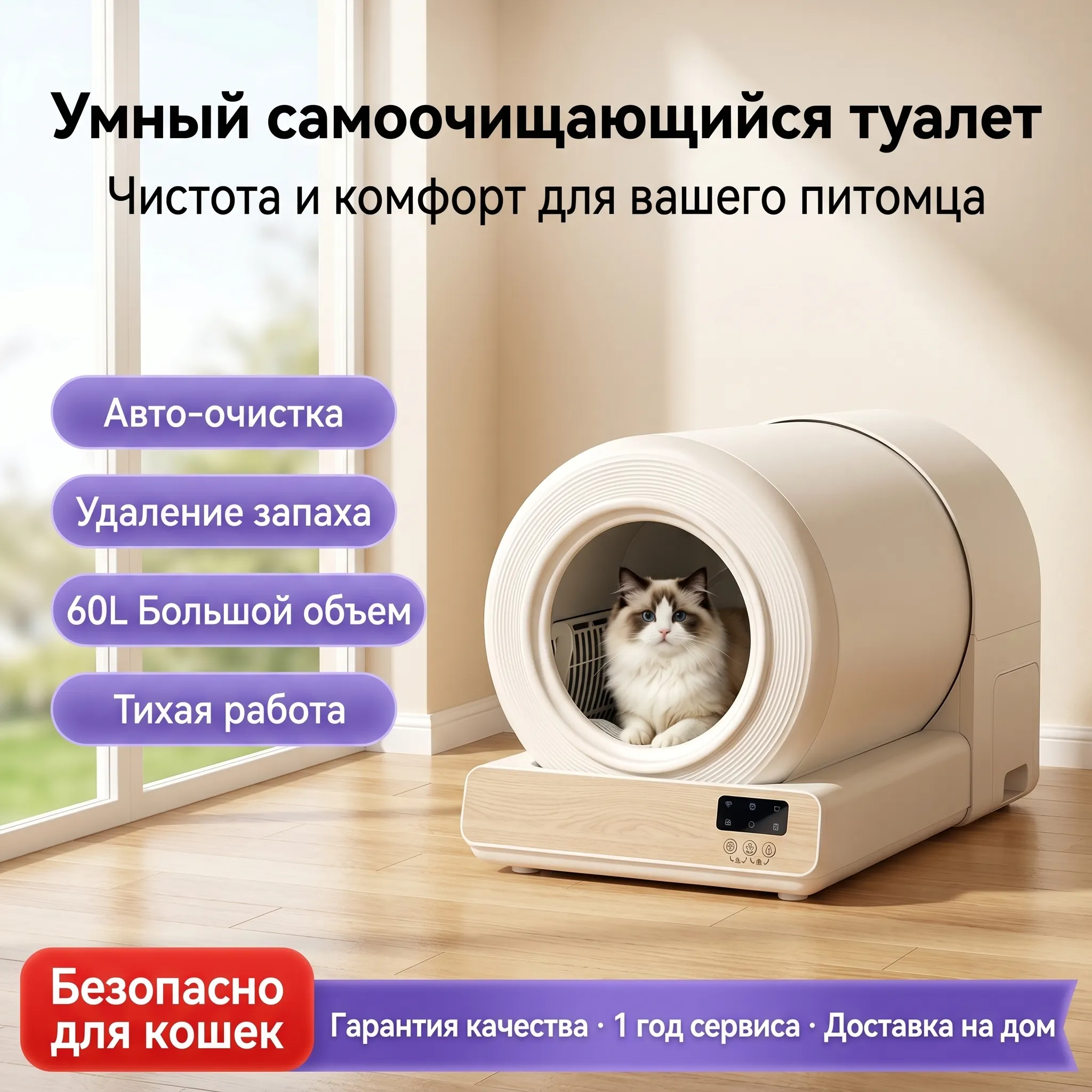 GOPET&reg;Умный лоток: электрический самоочищающийся туалет для кошек &mdash; защита от запаха, полностью закрытая конструкция, увеличенный объем