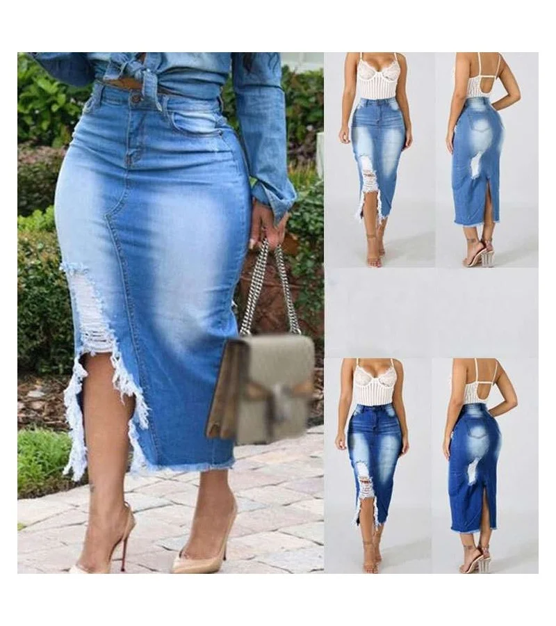 Women Plus Size Fashion Worn Hole Design High-waisted Denim Skirt L-5XL