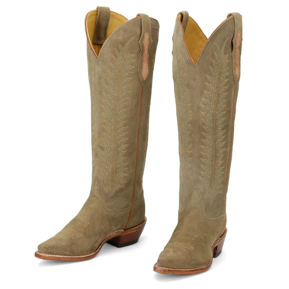 Khaki Chunky Heel Embroidered Knee High Cowboy Boots for Women