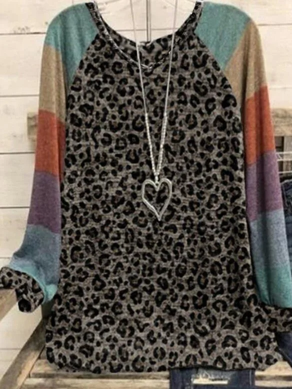 Color Block Leopard V Neck Long Sleeves Casual T-Shirts