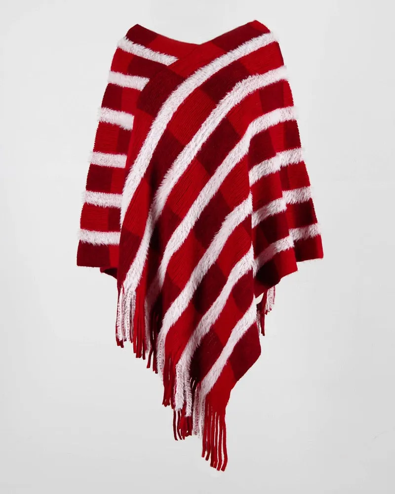 Fitshinling Fringe Bohemian Poncho Femme Winter Knitted Clothing Plaid Irregular Oversied Cape Loose Vintage Sweater Jumper 2021