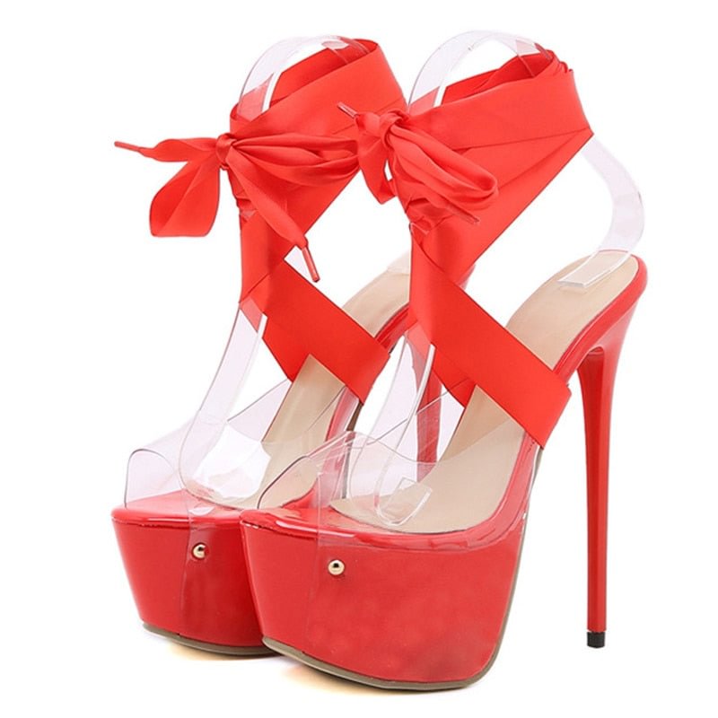 Liyke Sexy Red Thigh High Lace-Up Platform Sandals Women 16.5 CM Transparent Shoes Stiletto Peep Toe Nightclub Stripper Heels