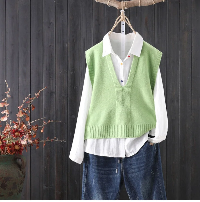Loose Solid Color V-neck Knitted Sweater Vest Female Simple Commuter Sleeveless Fashion Sweater Vest Pullover Women Spring 2021