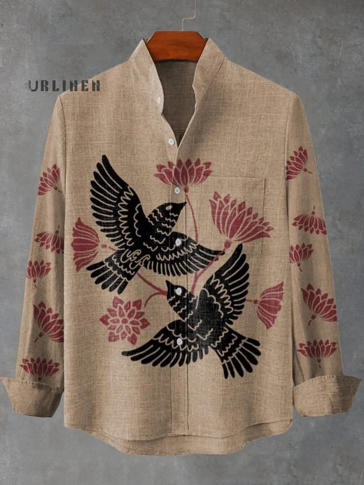 Vintage Bird Holding Lotus Pattern Print 100% Cotton Long Sleeve Shirt