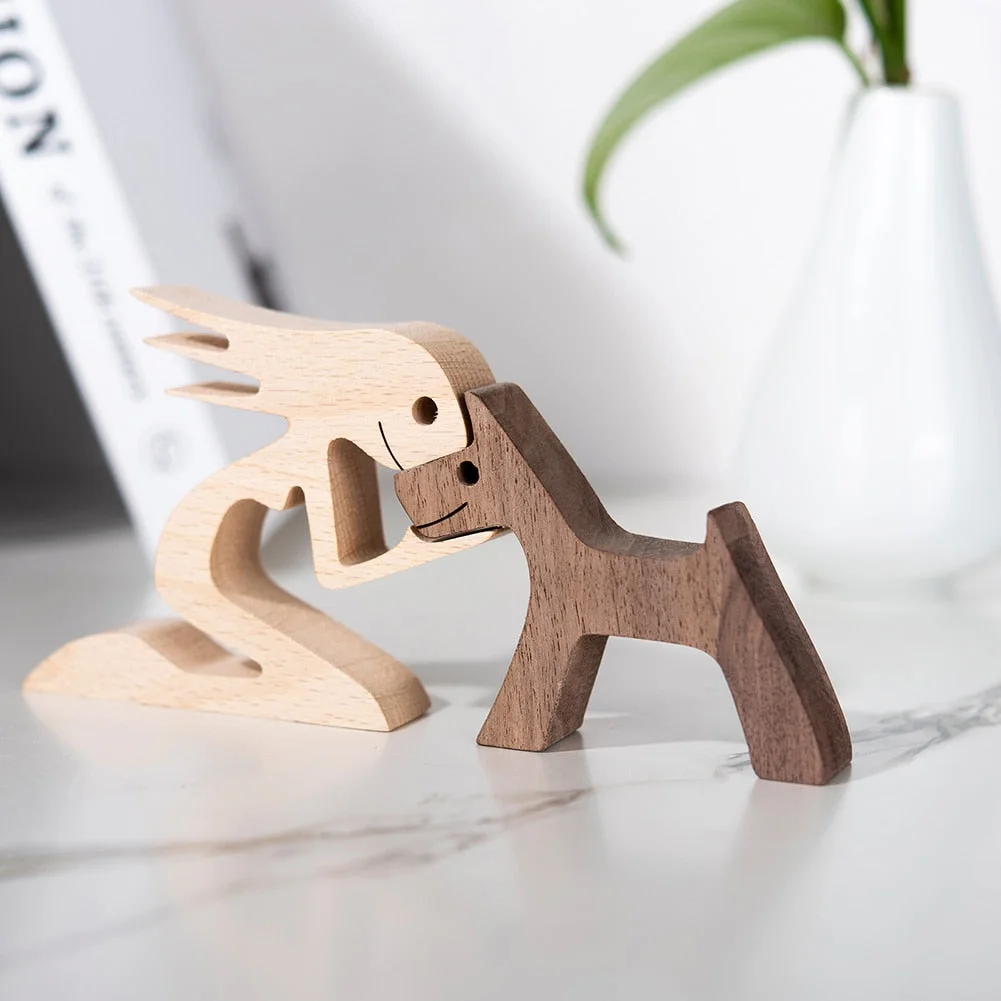 Wood Puppy Family Table Figurin Decor Ornaments Wooden Dog Craft Statue Home Decoration Cute Human and Pets Sculpture Craft Gift