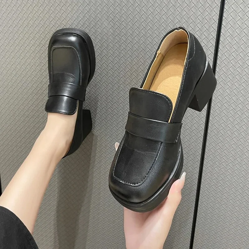 Qengg shoes Women Chunky heels Height Increase Shoes Ladies Vintage loafers Japanese Student Shoes College Style High Heels