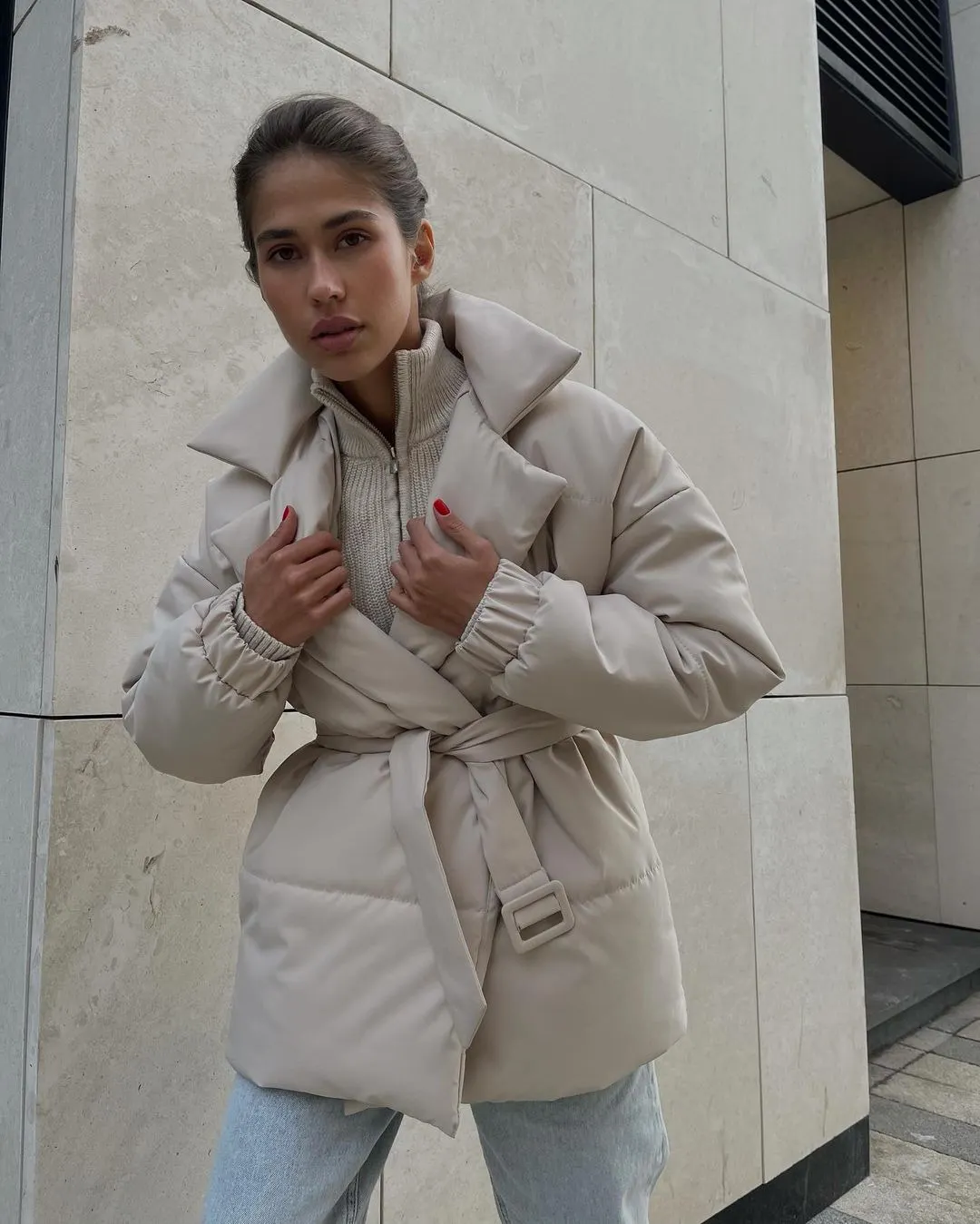 Nigikala Nigikala Winter New Thickened Collared Waist Cotton Coat Thin Solid Cotton Coat Woman