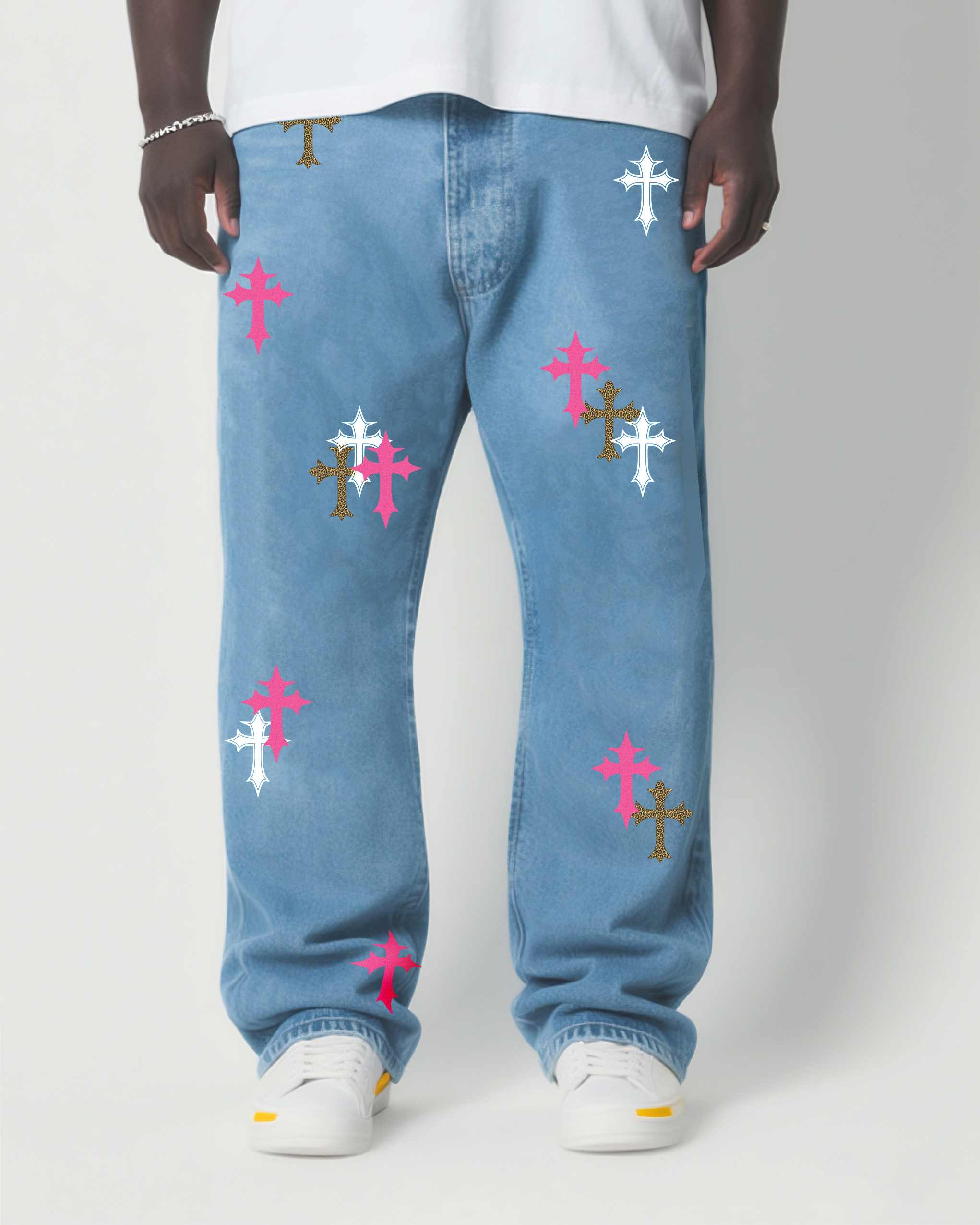 Big & Tall Men's Fashion Street Faith Patch Wash Water Denim Pants